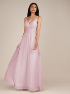 KissDress-Ophelia Candy Pink A Line Chiffon V Neck Long Bridesmaid Dress with Pleats