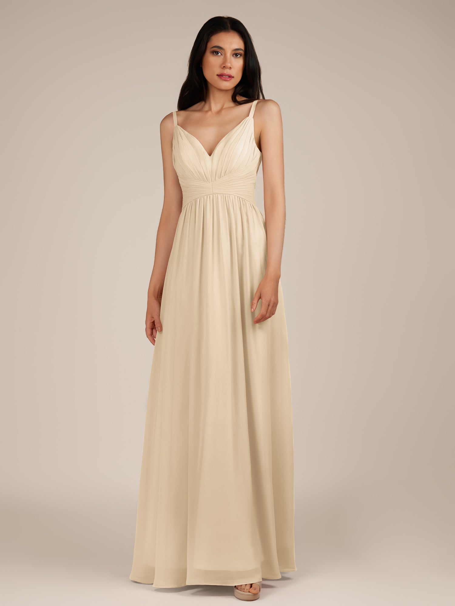 KissDress-Ophelia Champagne A Line Chiffon V Neck Long Bridesmaid Dress with Pleats