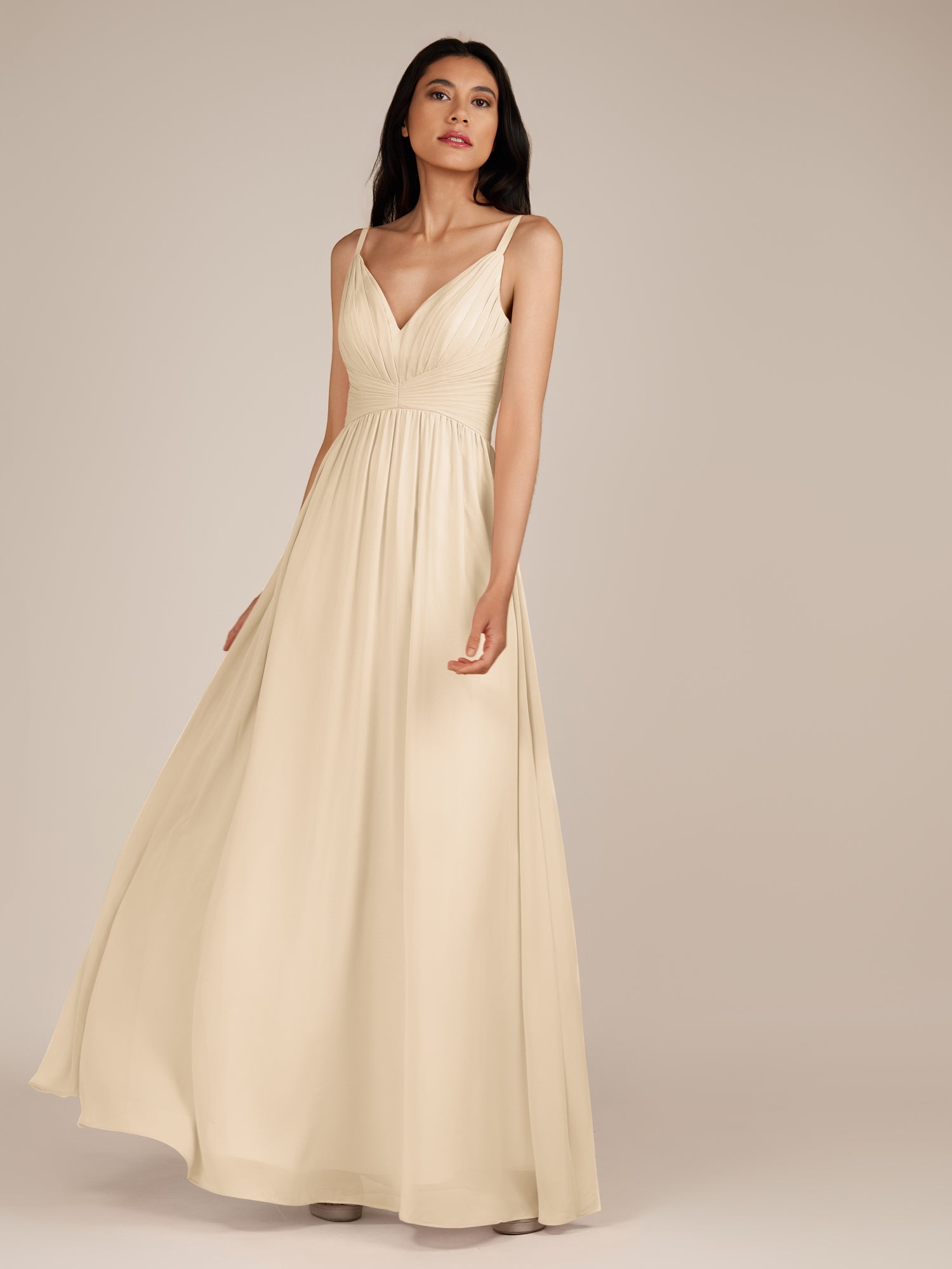 KissDress-Ophelia Champagne A Line Chiffon V Neck Long Bridesmaid Dress with Pleats