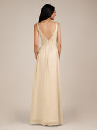 KissDress-Ophelia Champagne A Line Chiffon V Neck Long Bridesmaid Dress with Pleats