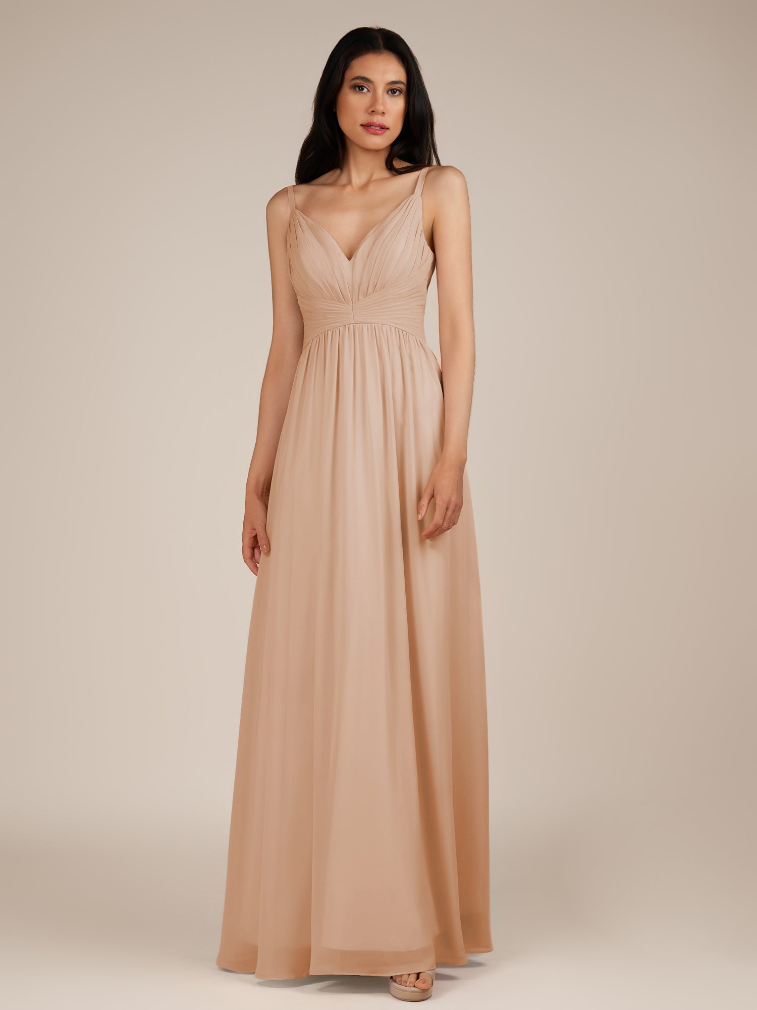 KissDress-Ophelia Champagne Rose A Line Chiffon V Neck Long Bridesmaid Dress with Pleats