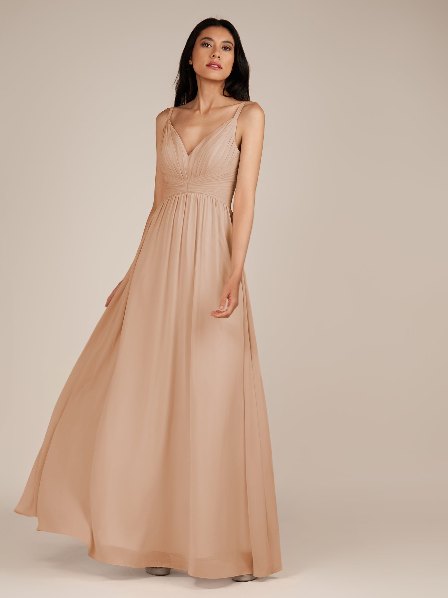 KissDress-Ophelia Champagne Rose A Line Chiffon V Neck Long Bridesmaid Dress with Pleats