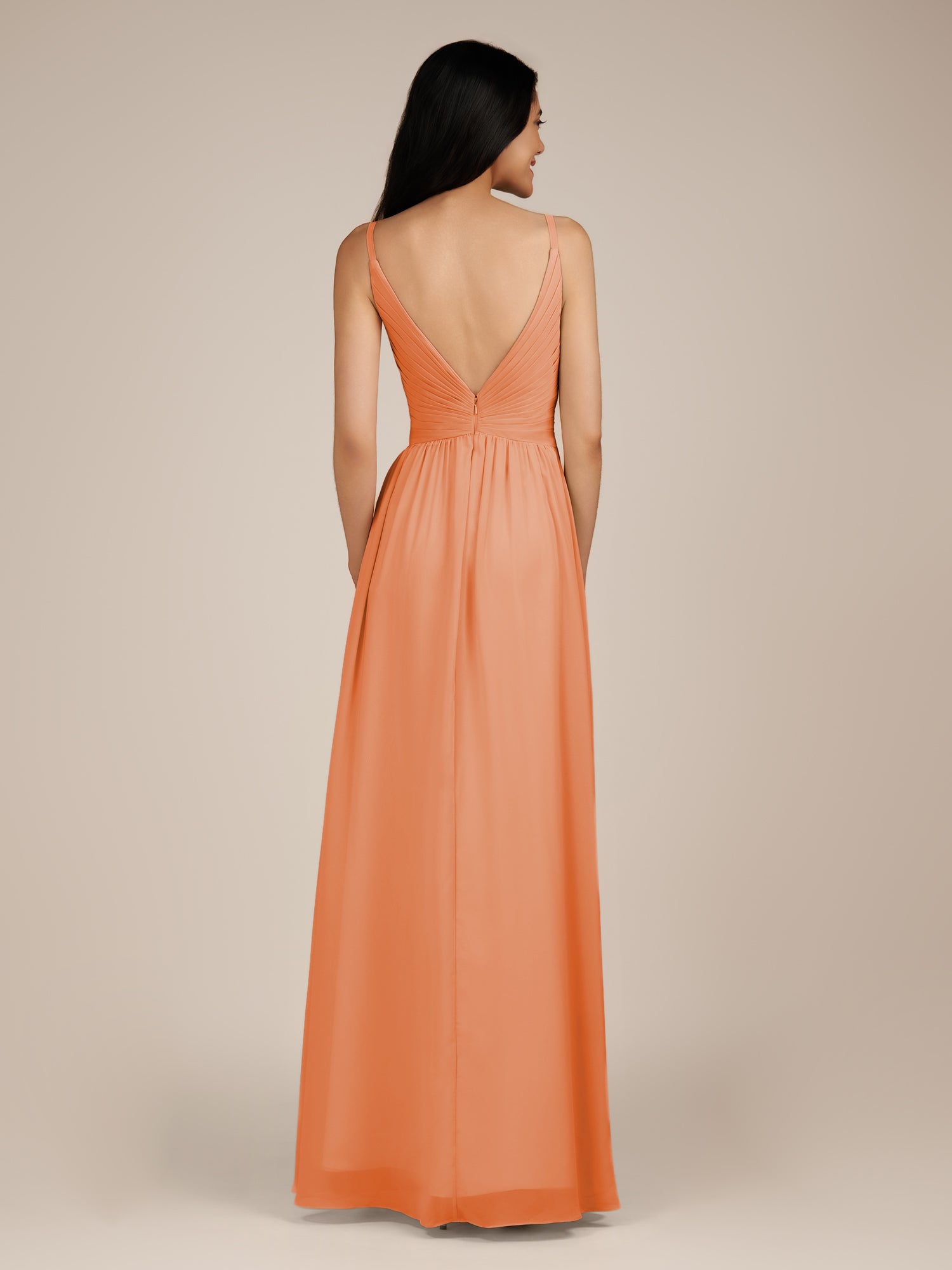 KissDress-Ophelia Coral A Line Chiffon V Neck Long Bridesmaid Dress with Pleats