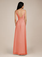 KissDress-Ophelia Coral Pink A Line Chiffon V Neck Long Bridesmaid Dress with Pleats