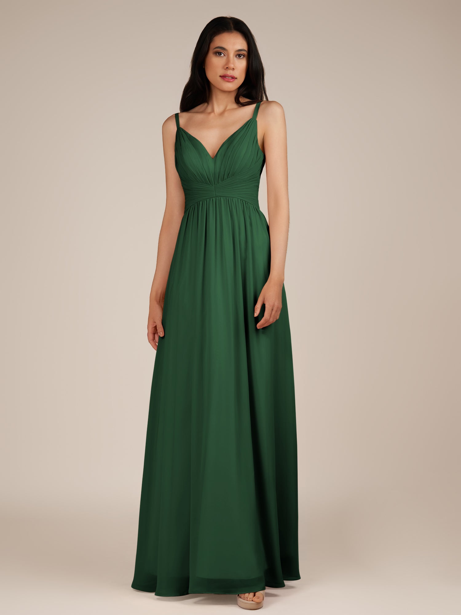 KissDress-Ophelia Dark Green A Line Chiffon V Neck Long Bridesmaid Dress with Pleats
