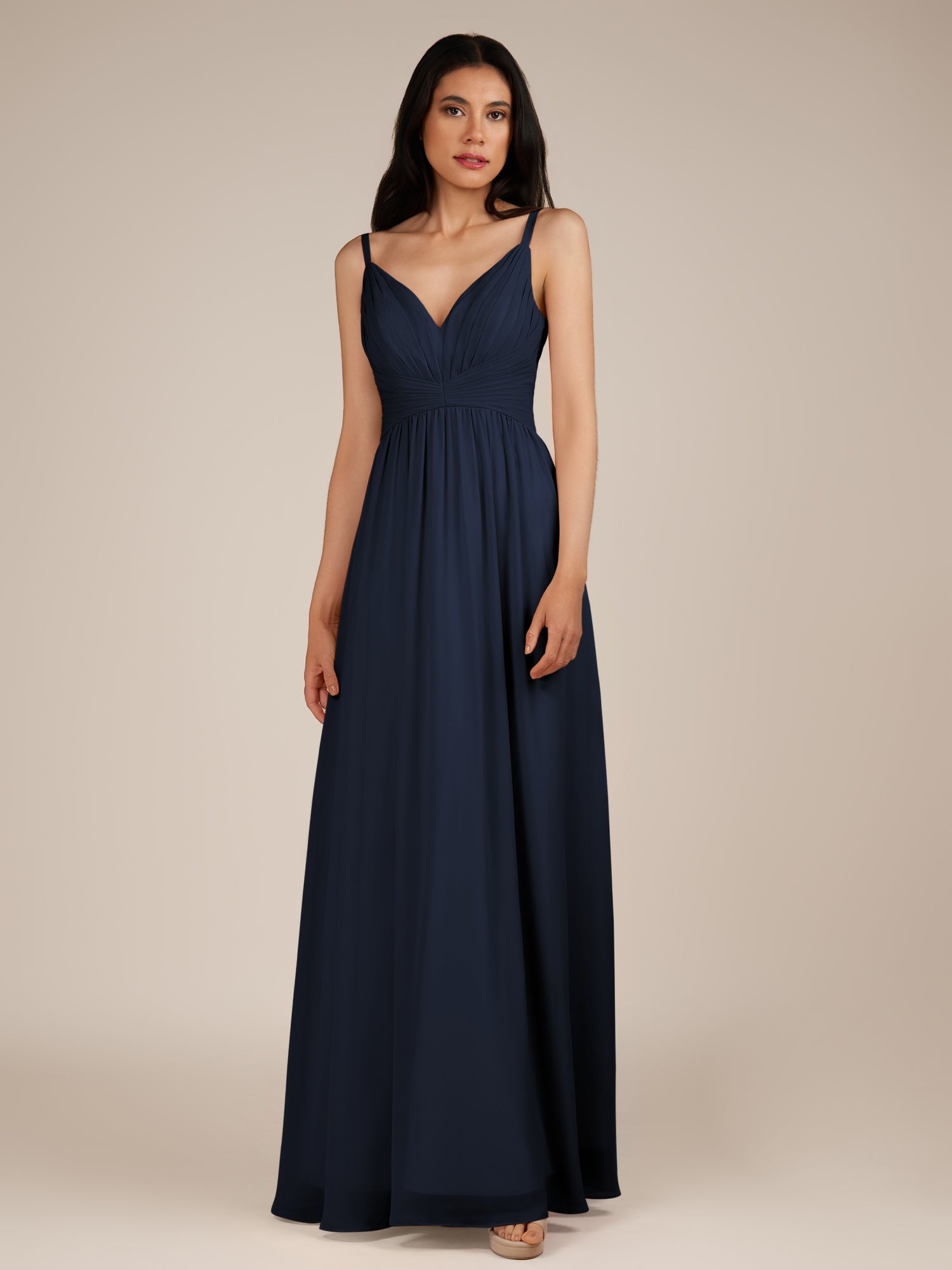 KissDress-Ophelia Dark Navy A Line Chiffon V Neck Long Bridesmaid Dress with Pleats