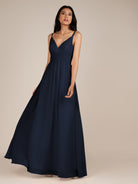 KissDress-Ophelia Dark Navy A Line Chiffon V Neck Long Bridesmaid Dress with Pleats