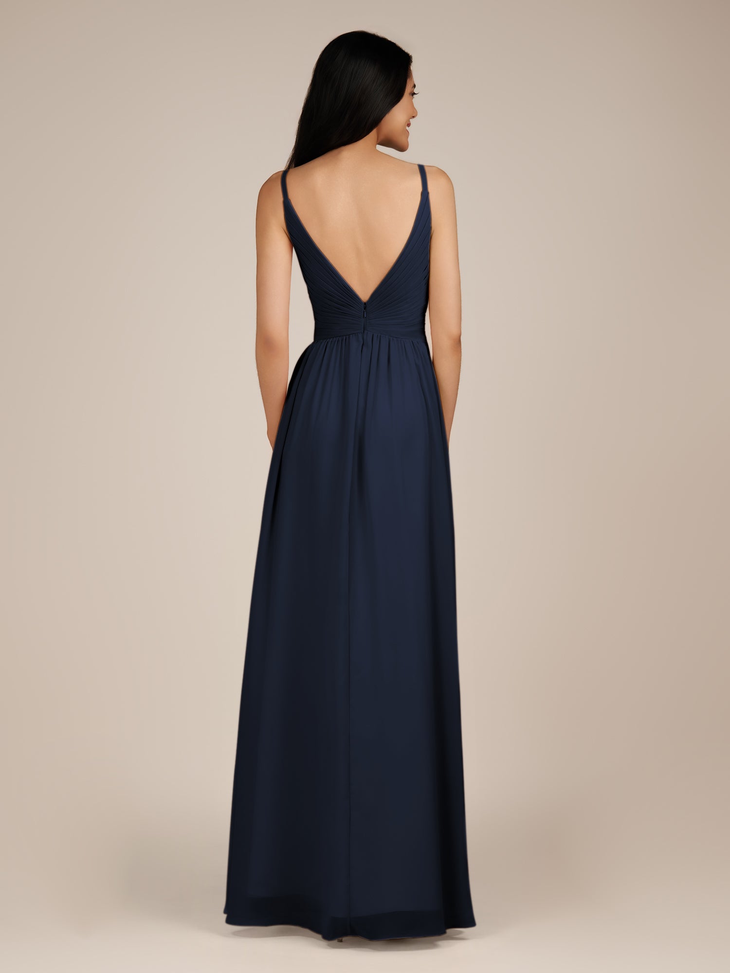 KissDress-Ophelia Dark Navy A Line Chiffon V Neck Long Bridesmaid Dress with Pleats