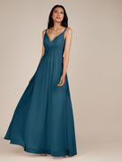 KissDress-Ophelia Dark Teal A Line Chiffon V Neck Long Bridesmaid Dress with Pleats