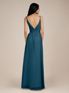 KissDress-Ophelia Dark Teal A Line Chiffon V Neck Long Bridesmaid Dress with Pleats