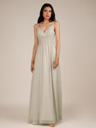 KissDress-Ophelia Dove Gray A Line Chiffon V Neck Long Bridesmaid Dress with Pleats