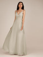 KissDress-Ophelia Dove Gray A Line Chiffon V Neck Long Bridesmaid Dress with Pleats