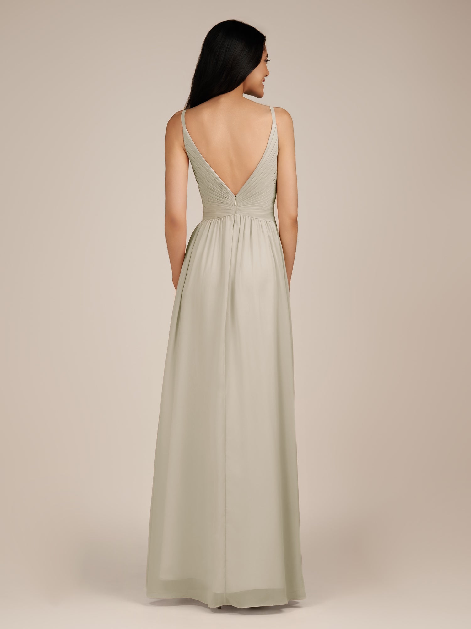 KissDress-Ophelia Dove Gray A Line Chiffon V Neck Long Bridesmaid Dress with Pleats