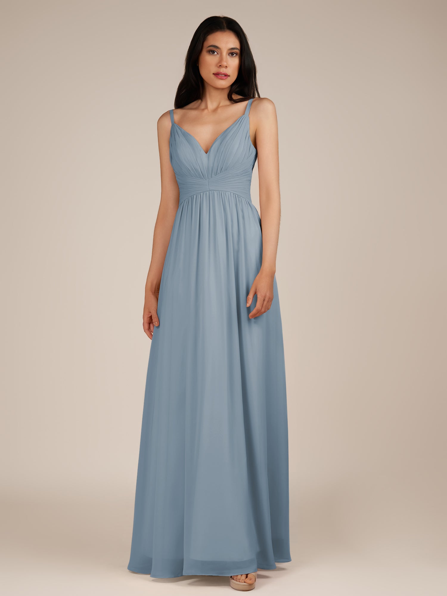 KissDress-Ophelia Dusty Blue A Line Chiffon V Neck Long Bridesmaid Dress with Pleats