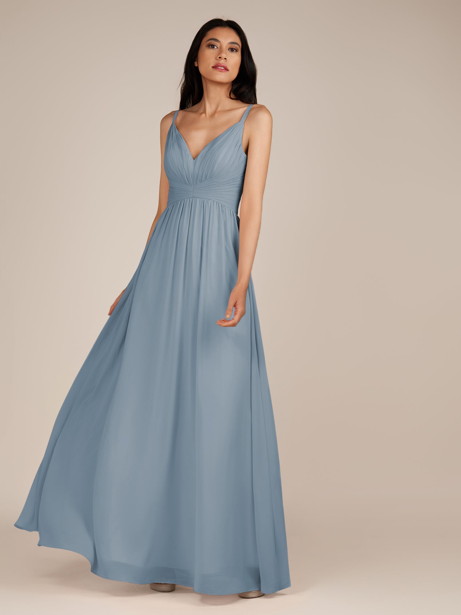 KissDress-Ophelia Dusty Blue A Line Chiffon V Neck Long Bridesmaid Dress with Pleats