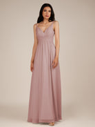KissDress-Ophelia Dusty Rose A Line Chiffon V Neck Long Bridesmaid Dress with Pleats