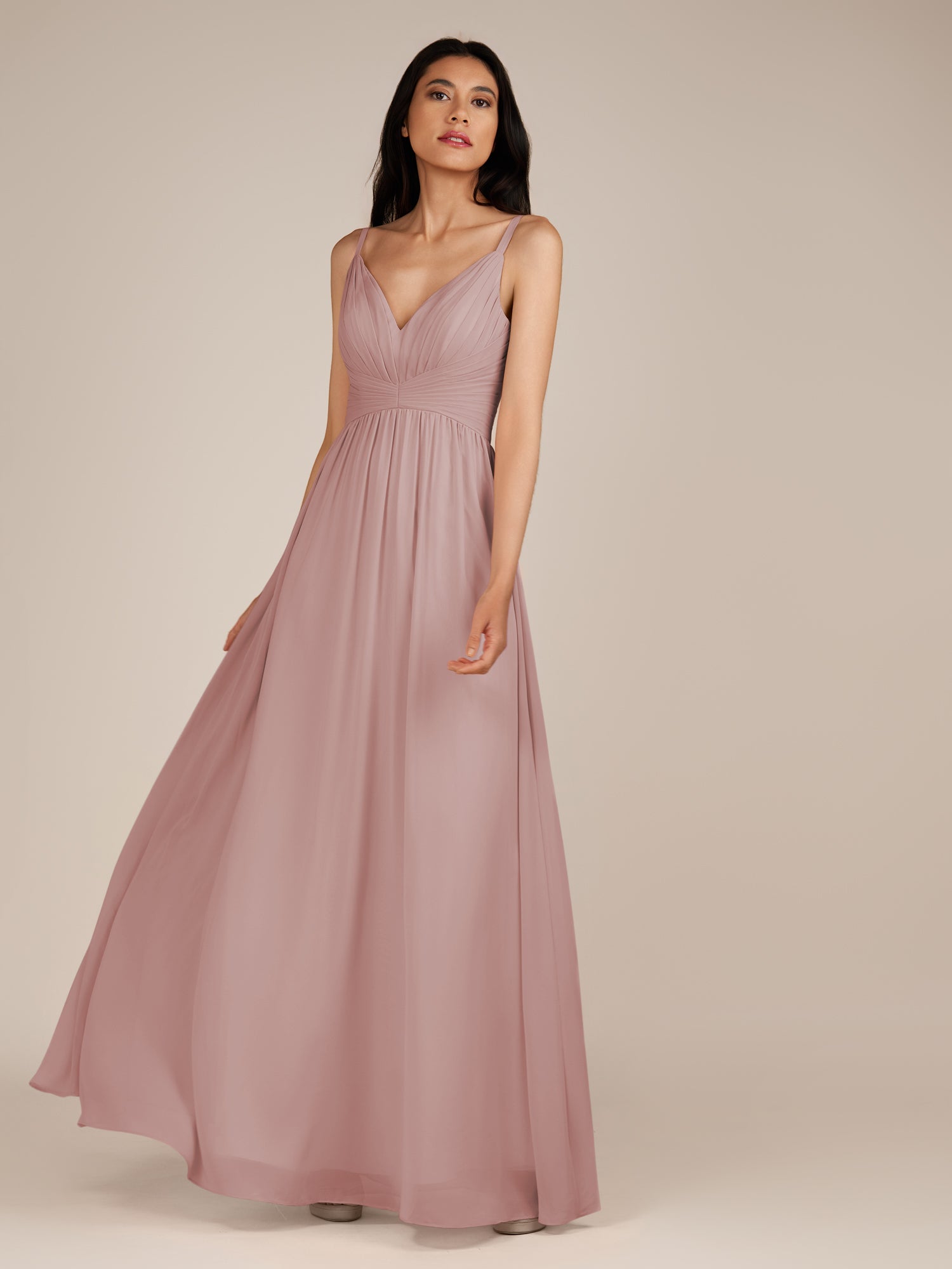 KissDress-Ophelia Dusty Rose A Line Chiffon V Neck Long Bridesmaid Dress with Pleats