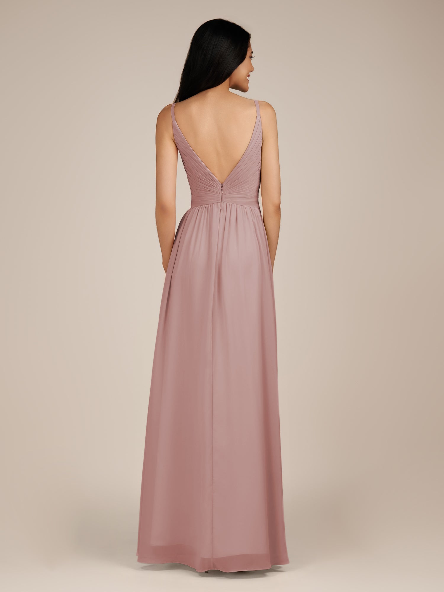 KissDress-Ophelia Dusty Rose A Line Chiffon V Neck Long Bridesmaid Dress with Pleats