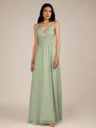 KissDress-Ophelia Dusty Sage A Line Chiffon V Neck Long Bridesmaid Dress with Pleats
