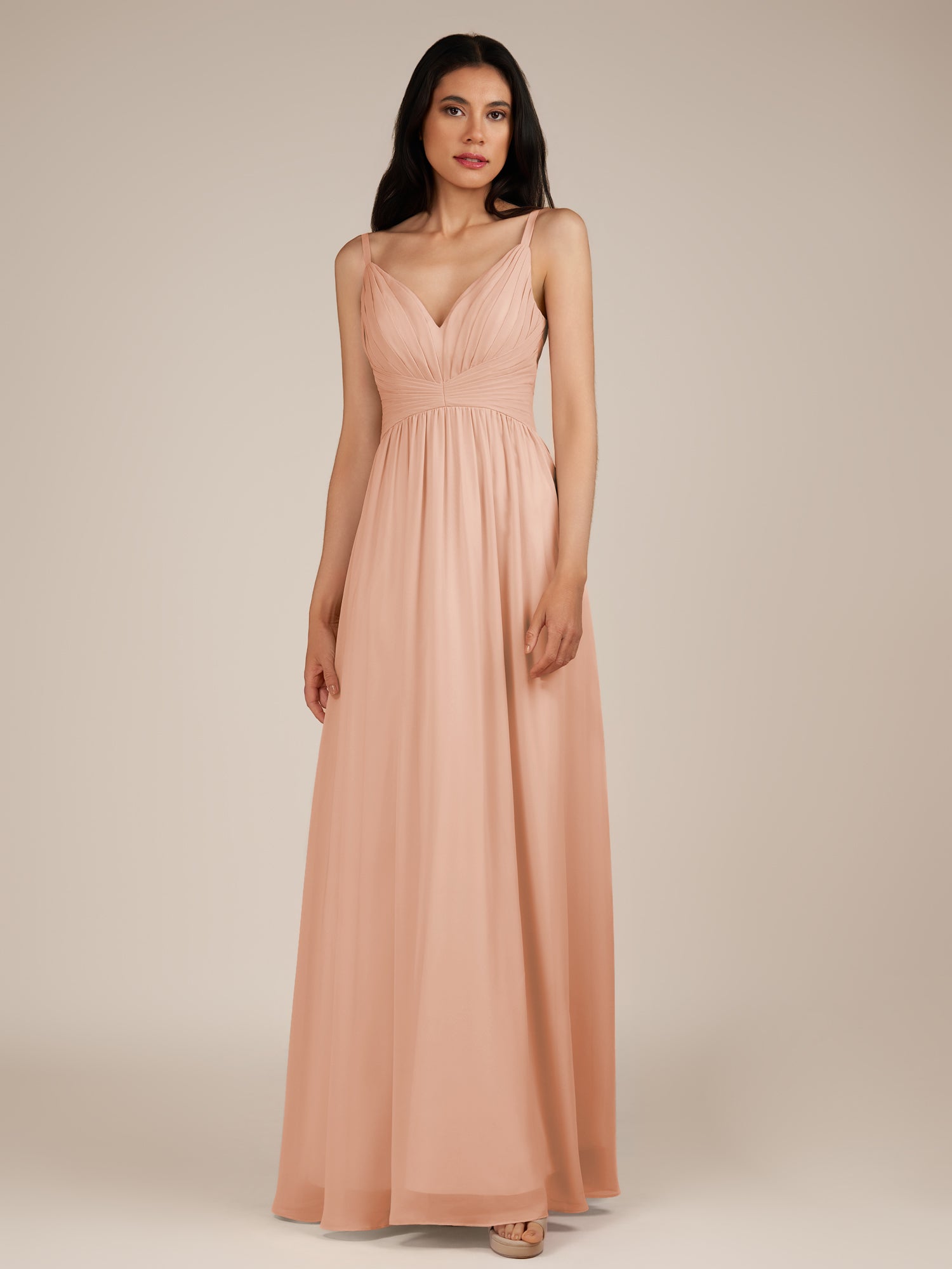 KissDress-Ophelia English Rose A Line Chiffon V Neck Long Bridesmaid Dress with Pleats