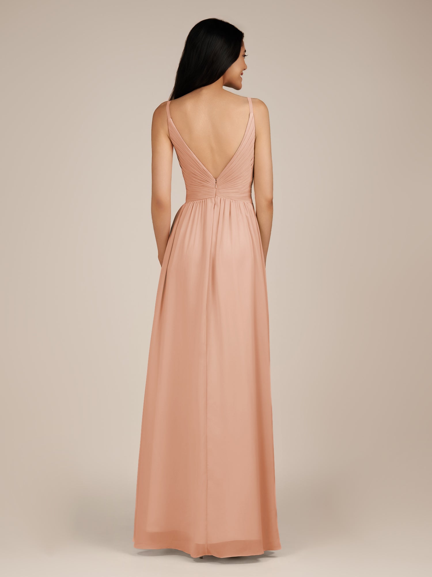 KissDress-Ophelia English Rose A Line Chiffon V Neck Long Bridesmaid Dress with Pleats