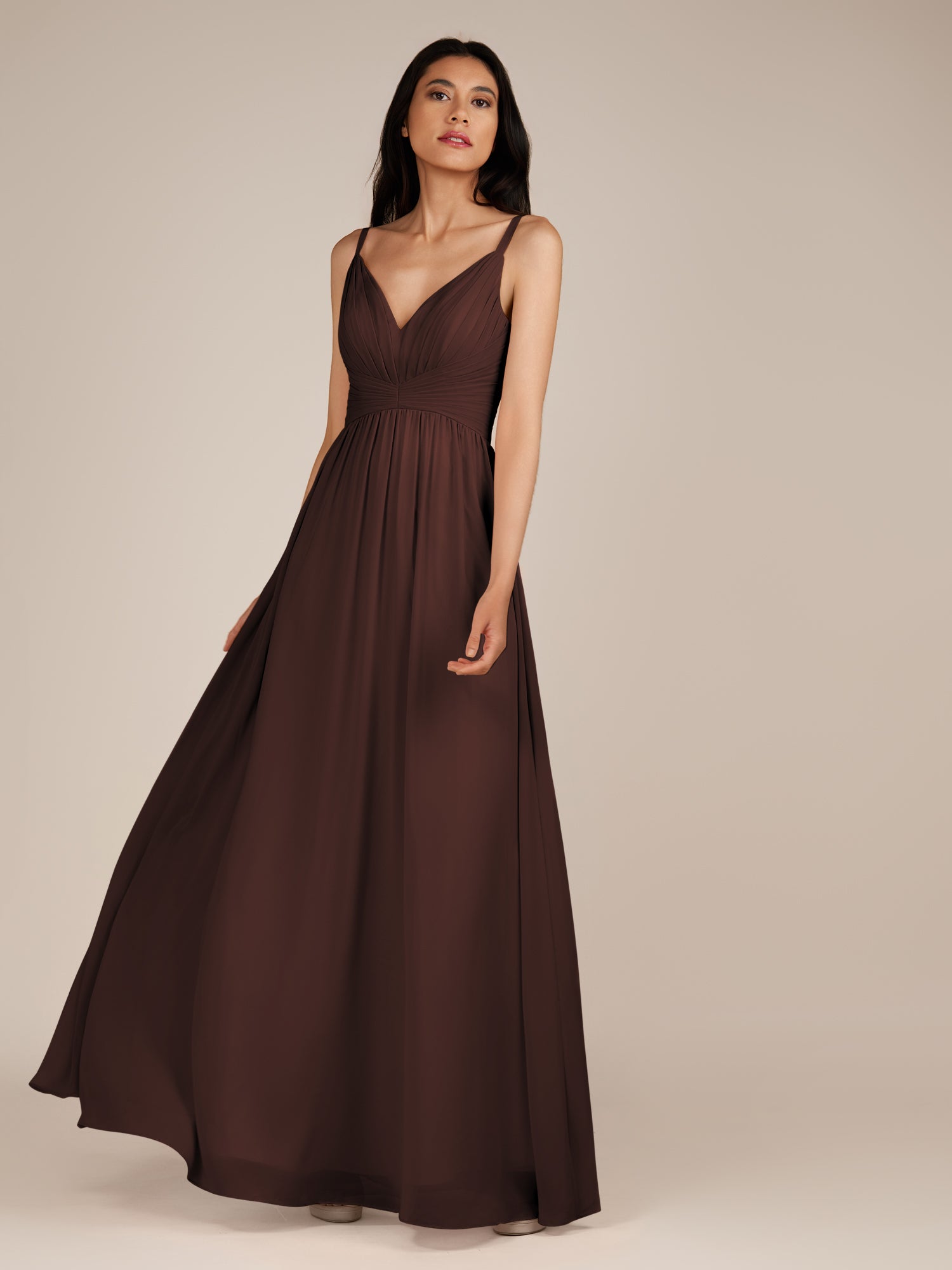 KissDress-Ophelia Espresso A Line Chiffon V Neck Long Bridesmaid Dress with Pleats