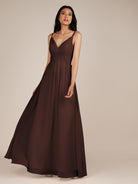 KissDress-Ophelia Espresso A Line Chiffon V Neck Long Bridesmaid Dress with Pleats