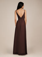 KissDress-Ophelia Espresso A Line Chiffon V Neck Long Bridesmaid Dress with Pleats