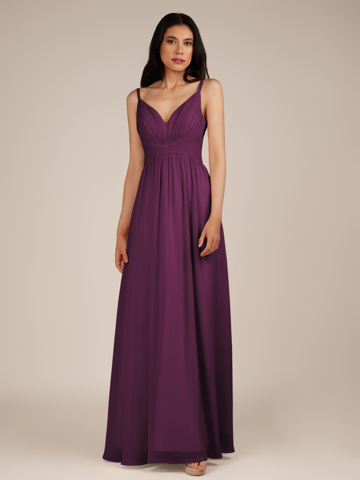 KissDress-Ophelia Fig A Line Chiffon V Neck Long Bridesmaid Dress with Pleats