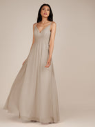 KissDress-Ophelia Frost A Line Chiffon V Neck Long Bridesmaid Dress with Pleats