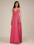 KissDress-Ophelia Fuchsia A Line Chiffon V Neck Long Bridesmaid Dress with Pleats