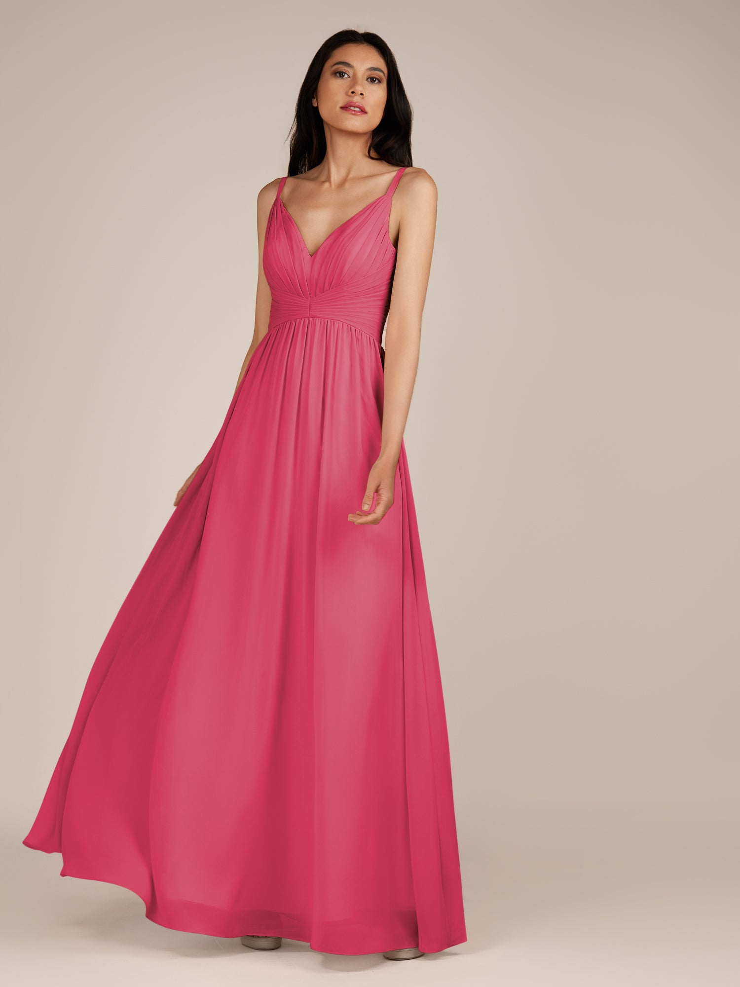 KissDress-Ophelia Fuchsia A Line Chiffon V Neck Long Bridesmaid Dress with Pleats