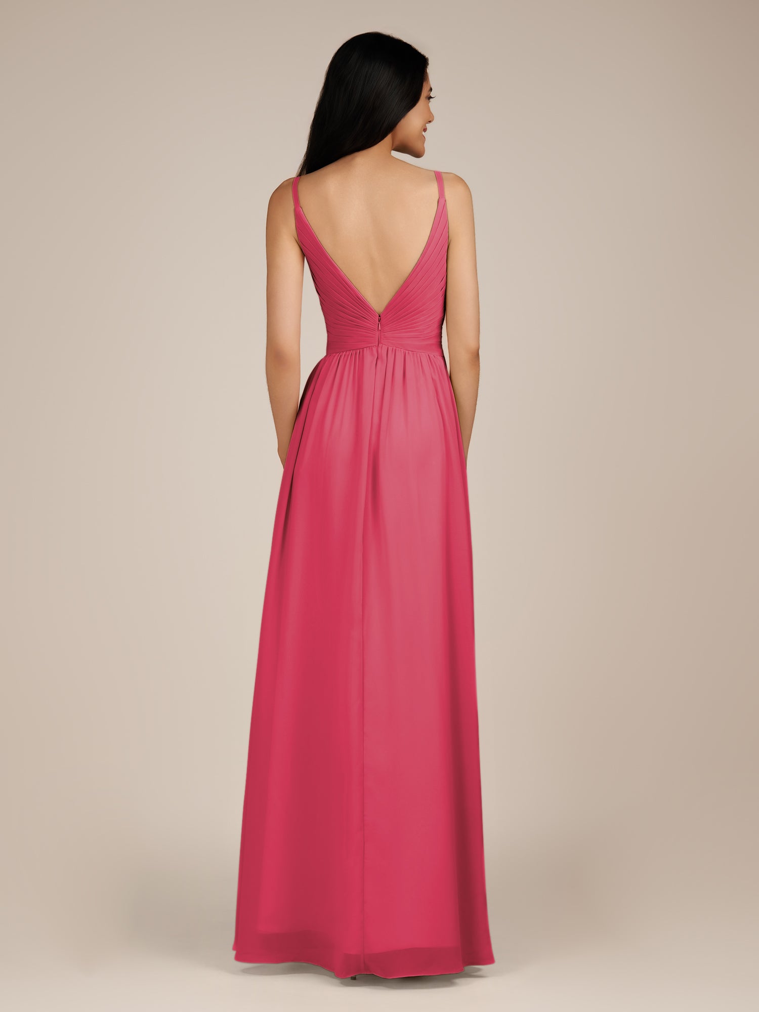 KissDress-Ophelia Fuchsia A Line Chiffon V Neck Long Bridesmaid Dress with Pleats