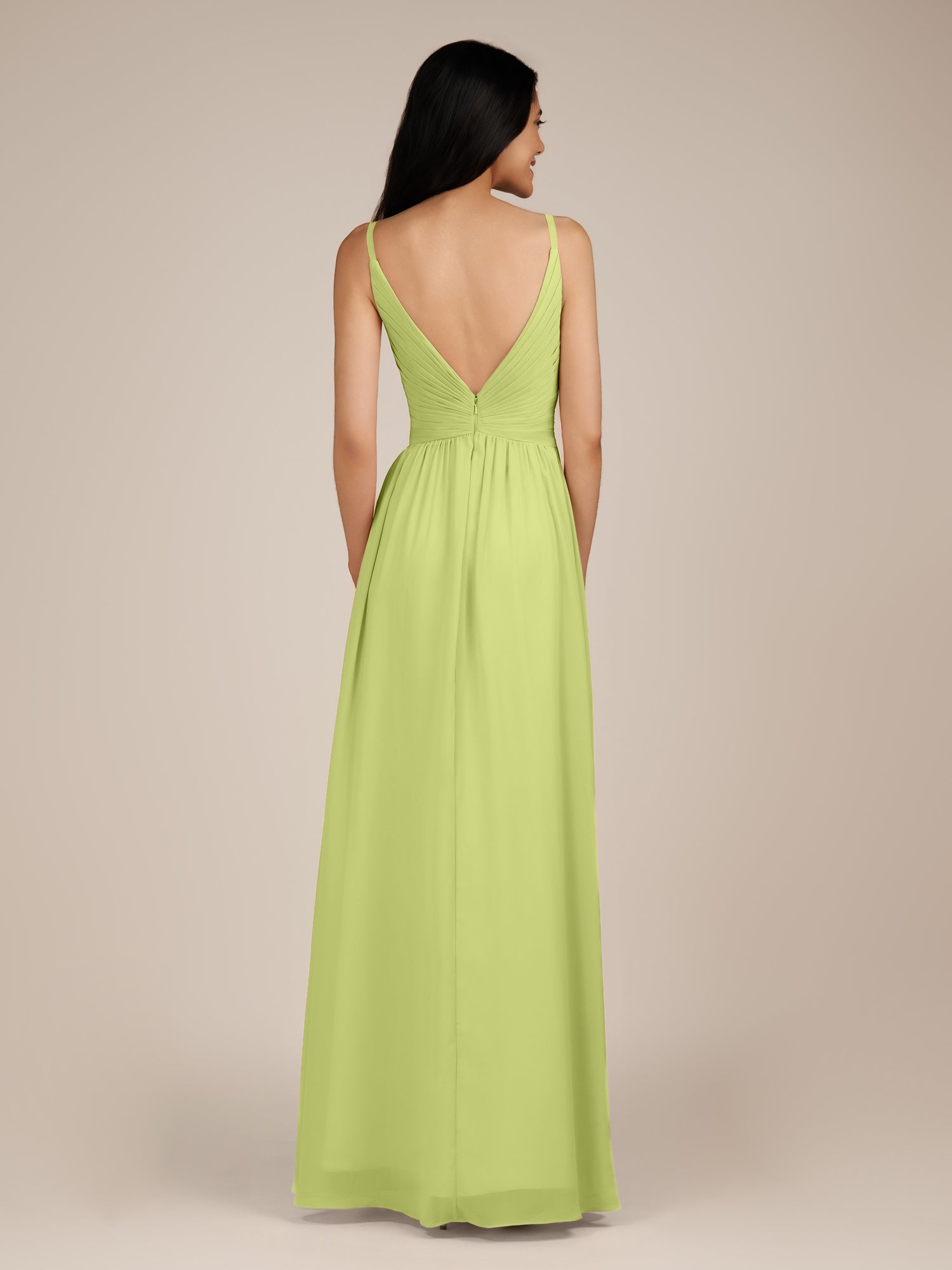 KissDress-Ophelia Lemon Sorbet A Line Chiffon V Neck Long Bridesmaid Dress with Pleats