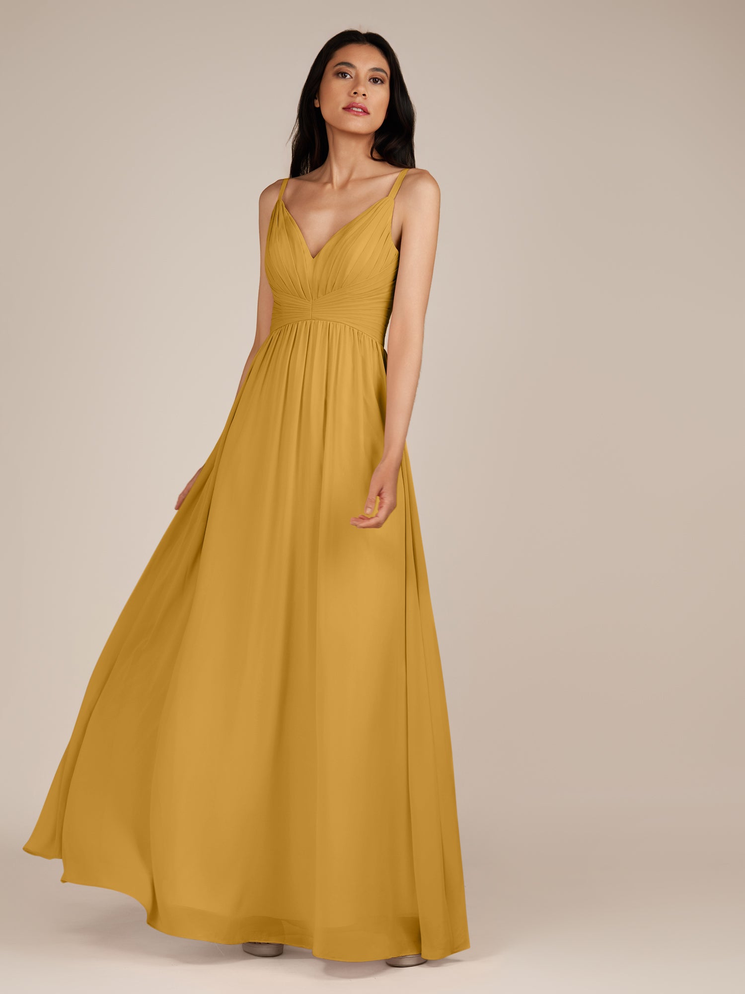 KissDress-Ophelia Marigold A Line Chiffon V Neck Long Bridesmaid Dress with Pleats