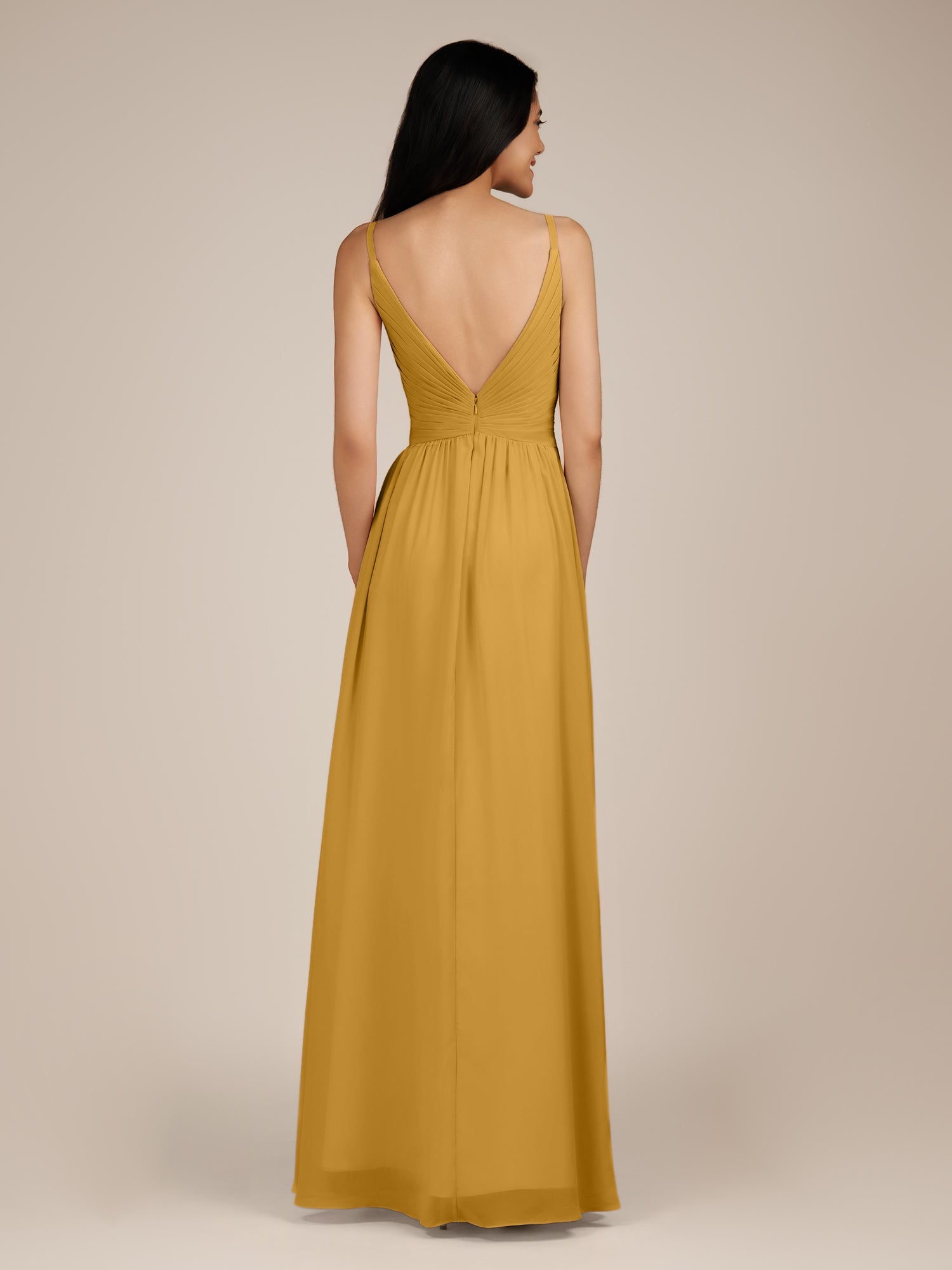 KissDress-Ophelia Marigold A Line Chiffon V Neck Long Bridesmaid Dress with Pleats