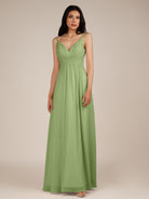 KissDress-Ophelia Matcha A Line Chiffon V Neck Long Bridesmaid Dress with Pleats