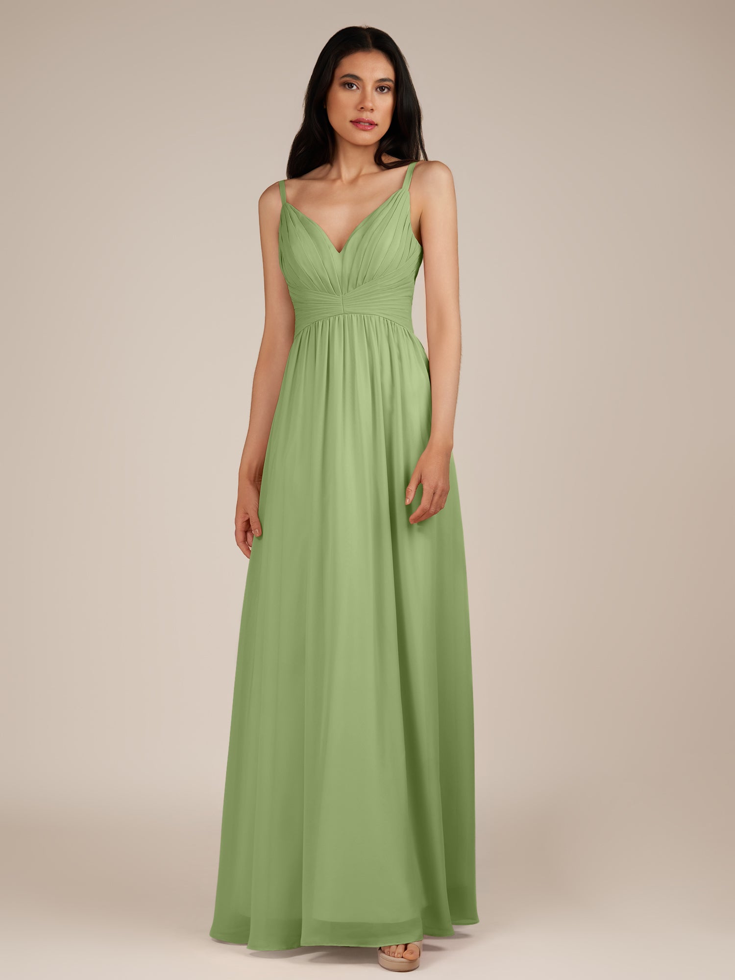 KissDress-Ophelia Matcha A Line Chiffon V Neck Long Bridesmaid Dress with Pleats