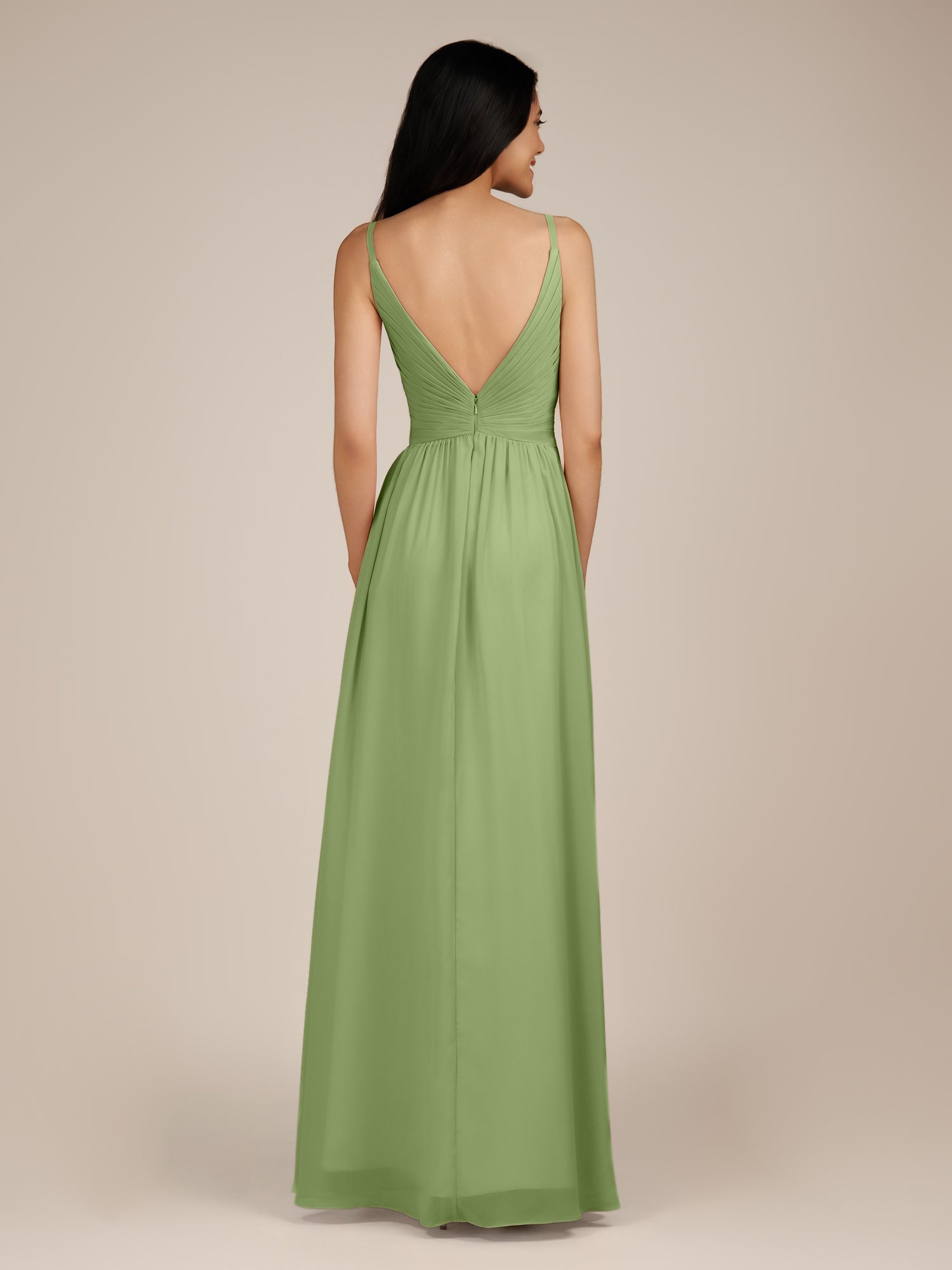 KissDress-Ophelia Matcha A Line Chiffon V Neck Long Bridesmaid Dress with Pleats