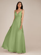 KissDress-Ophelia Matcha A Line Chiffon V Neck Long Bridesmaid Dress with Pleats