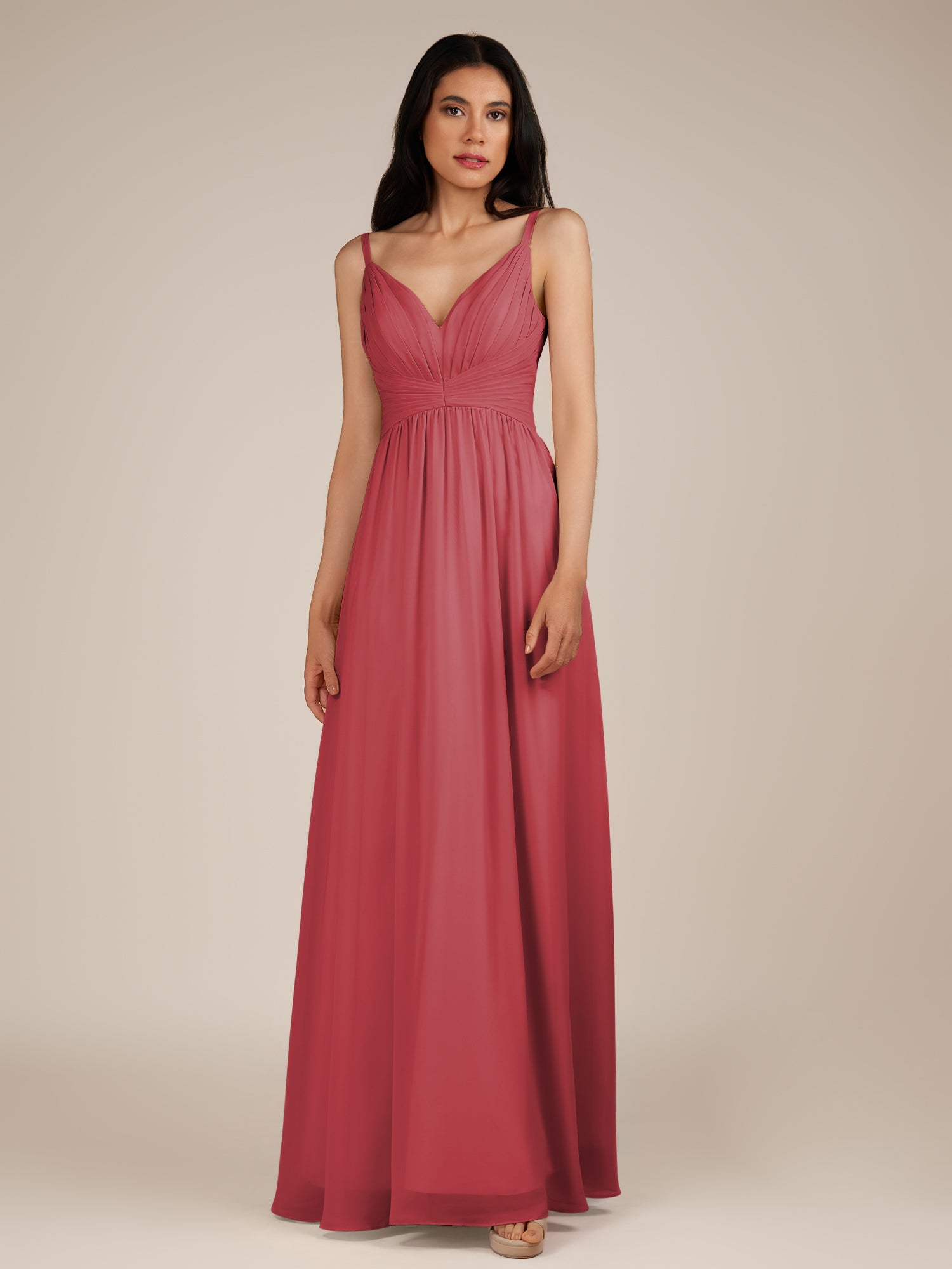 KissDress-Ophelia Merlot A Line Chiffon V Neck Long Bridesmaid Dress with Pleats