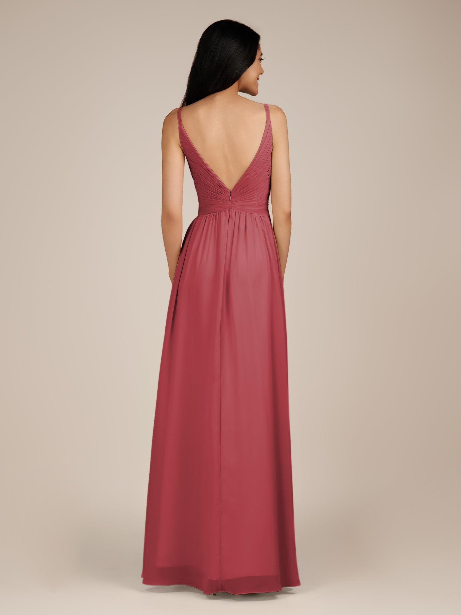 KissDress-Ophelia Merlot A Line Chiffon V Neck Long Bridesmaid Dress with Pleats