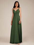 KissDress-Ophelia Moss A Line Chiffon V Neck Long Bridesmaid Dress with Pleats