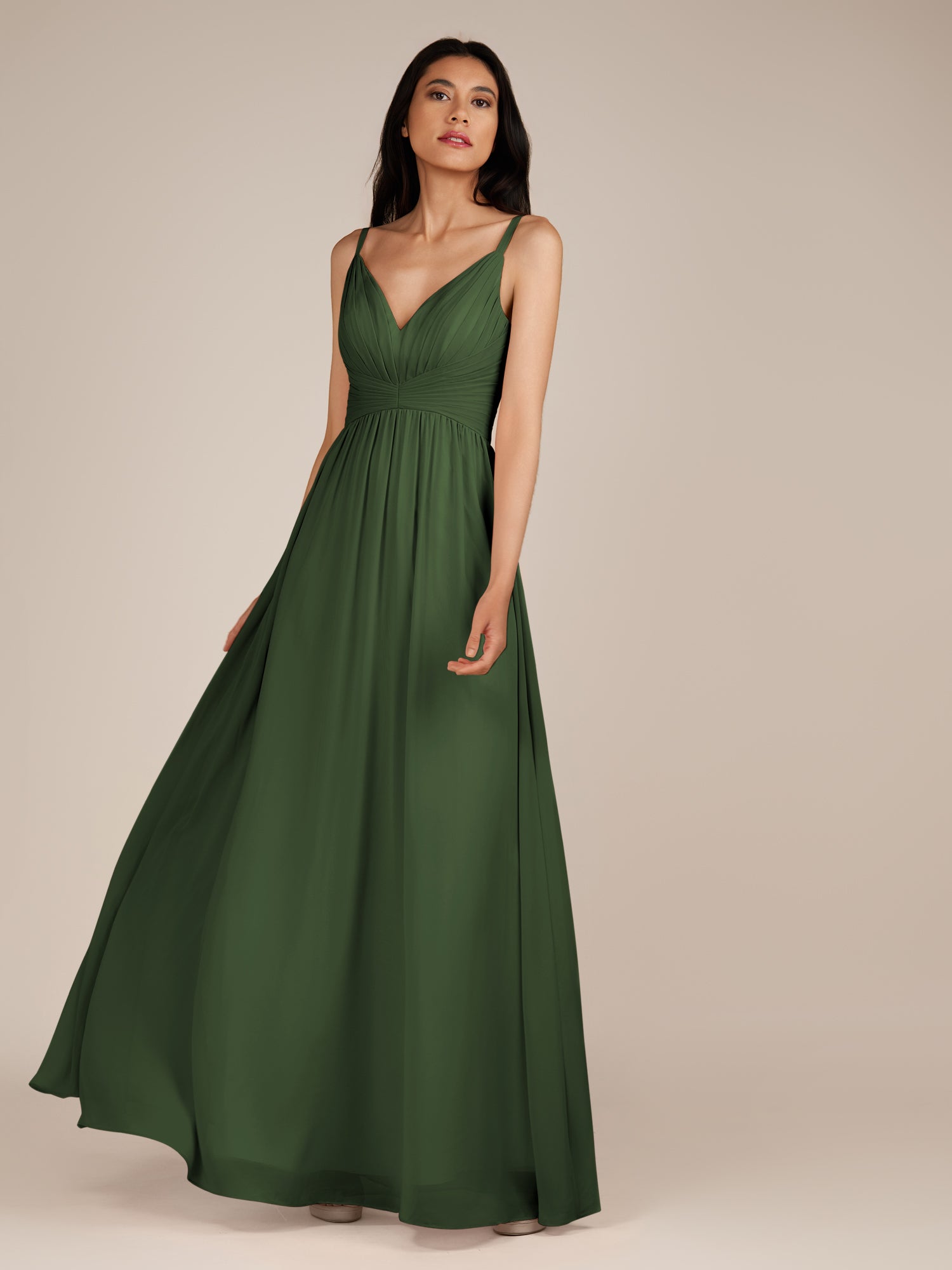 KissDress-Ophelia Moss A Line Chiffon V Neck Long Bridesmaid Dress with Pleats