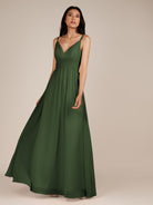 KissDress-Ophelia Moss A Line Chiffon V Neck Long Bridesmaid Dress with Pleats