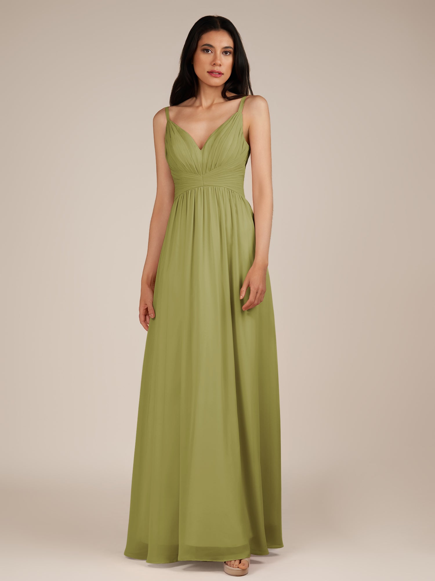 KissDress-Ophelia Moss Green A Line Chiffon V Neck Long Bridesmaid Dress with Pleats