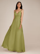 KissDress-Ophelia Moss Green A Line Chiffon V Neck Long Bridesmaid Dress with Pleats
