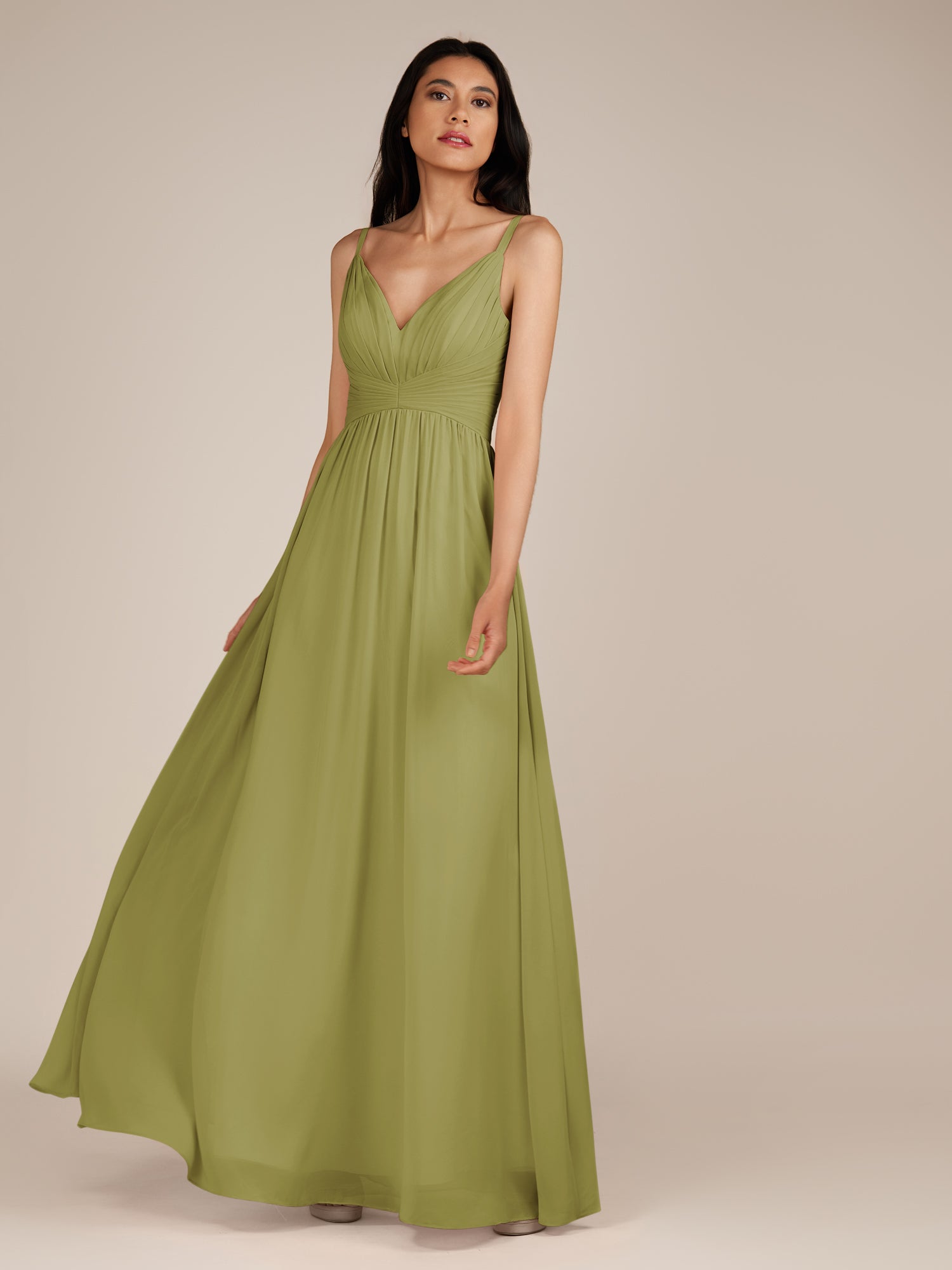 KissDress-Ophelia Moss Green A Line Chiffon V Neck Long Bridesmaid Dress with Pleats