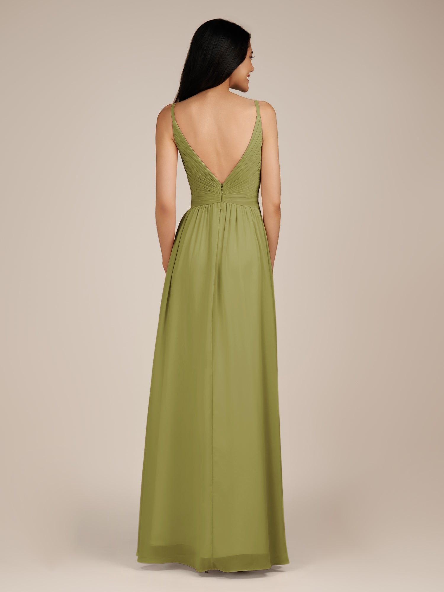 KissDress-Ophelia Moss Green A Line Chiffon V Neck Long Bridesmaid Dress with Pleats