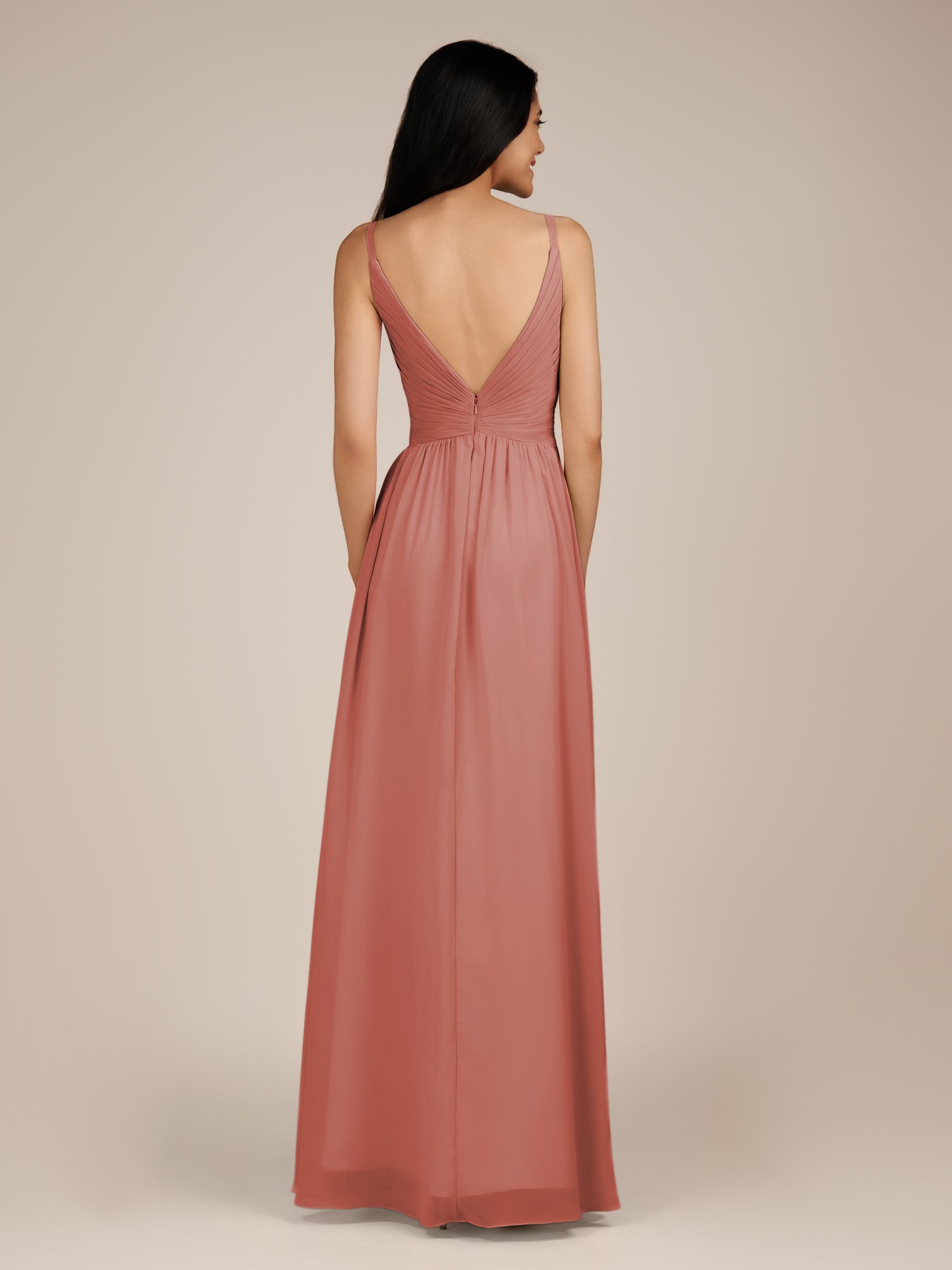 KissDress-Ophelia Mulberry A Line Chiffon V Neck Long Bridesmaid Dress with Pleats